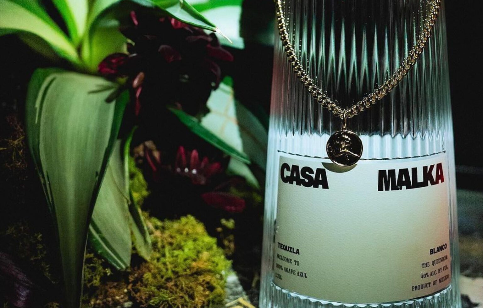Close-up of Casa Malka Blanco Tequila bottle with an elegant necklace draped over it