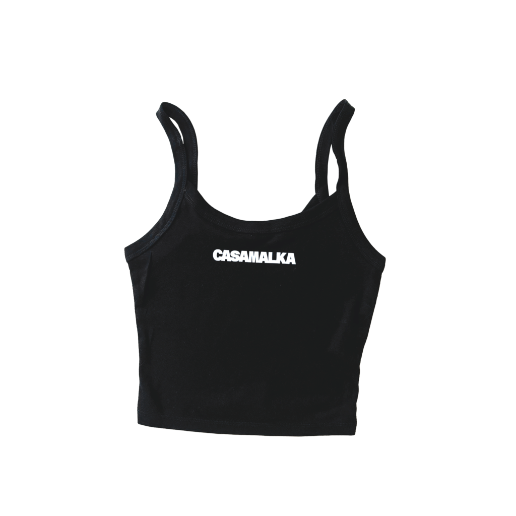 Studio shot of black Casa Malka tank top with front logo design