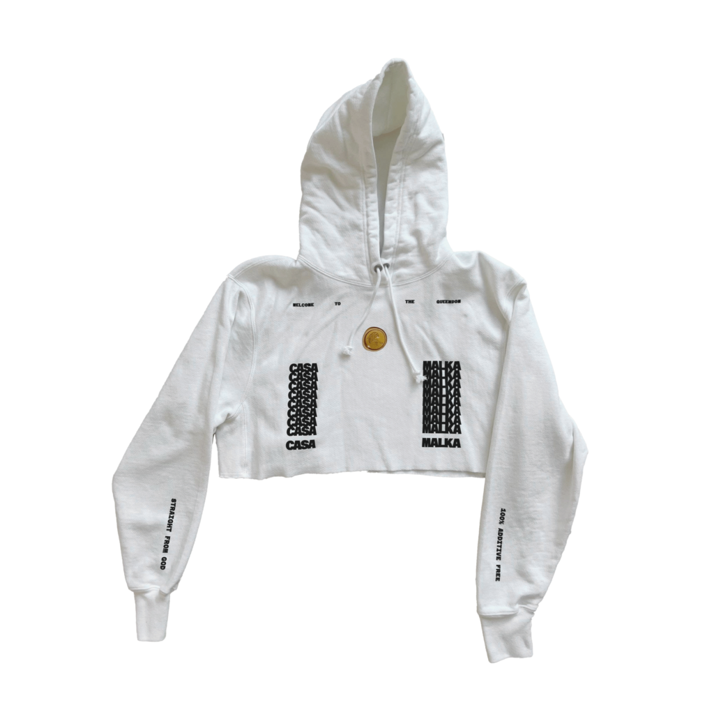 Studio shot of Casa Malka cropped hoodie with black and white front design