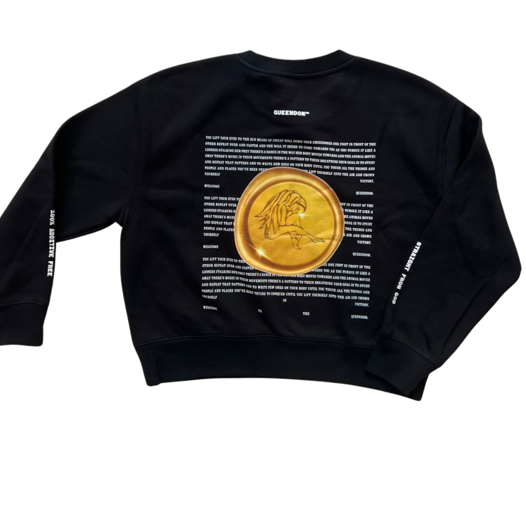 Back of Casa Malka black sweatshirt with large gold emblem and Queendom design